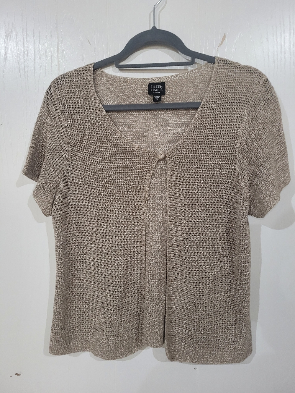 Eileen Fisher Taupe Short-Sleeve One Button Linen Blend Cardigan Size Petite Lar - Picture 6 of 6